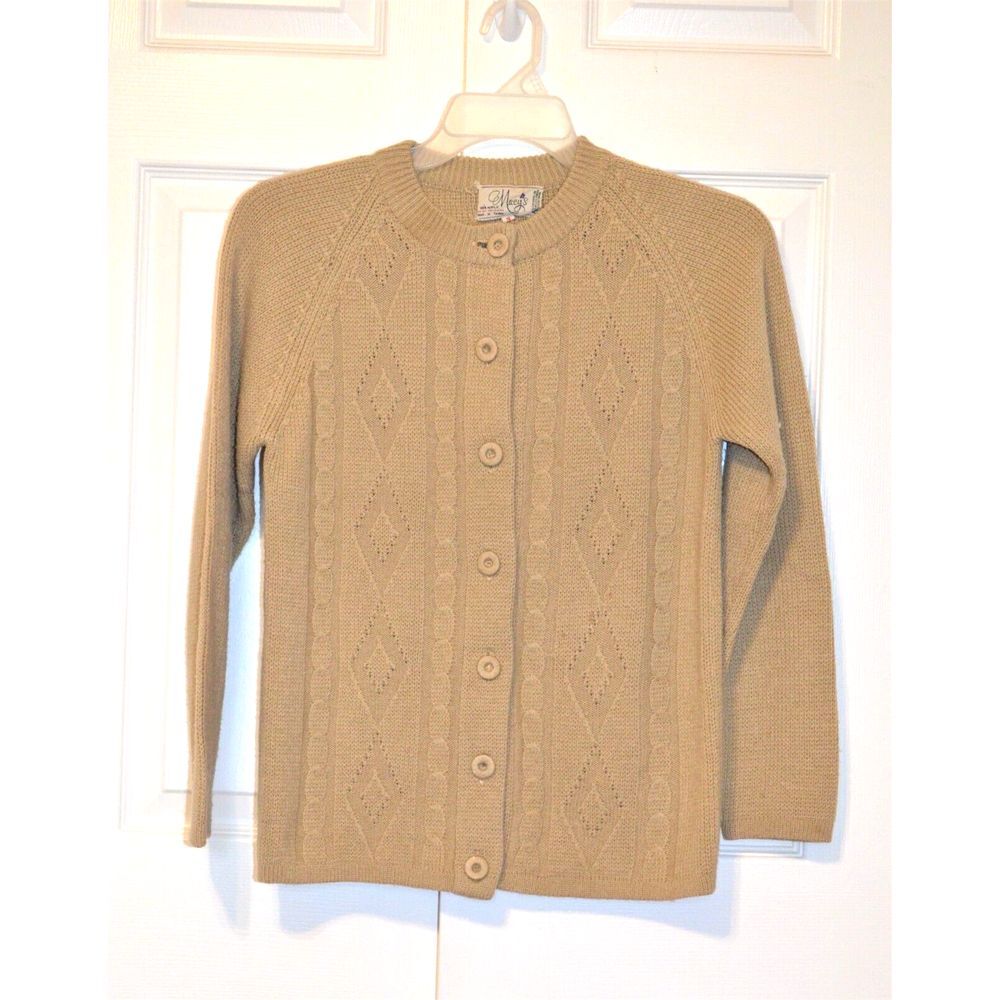 Vtg Macy's  Women's Beige‎  Button Front Acrylic Sweater Cardigan Size S